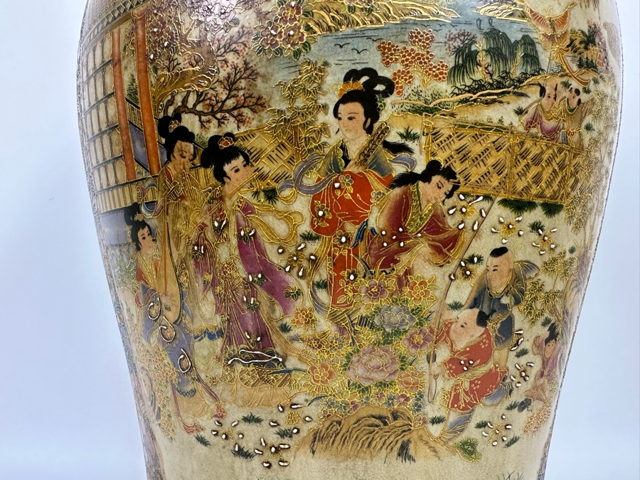 Large Signed Japanese Satsuma Jar With Lid And Gilded Foo Dog Finial 12W X 26H [Photo 8]