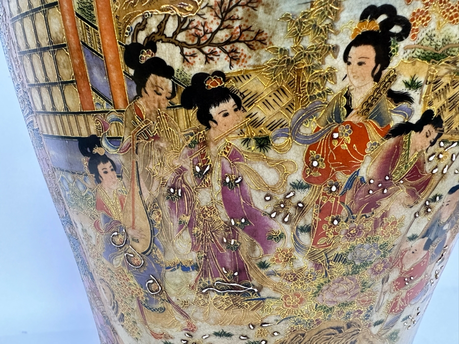 Large Signed Japanese Satsuma Jar With Lid And Gilded Foo Dog Finial 12W X 26H [Photo 10]