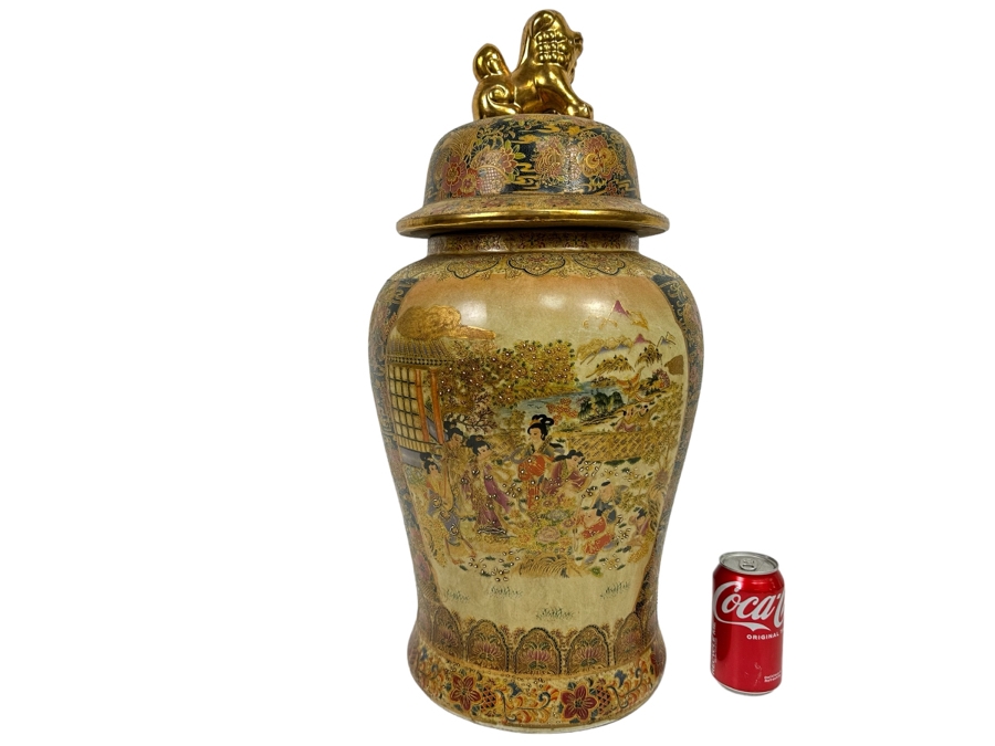 Large Signed Japanese Satsuma Jar With Lid And Gilded Foo Dog Finial 12W X 26H [Photo 1]