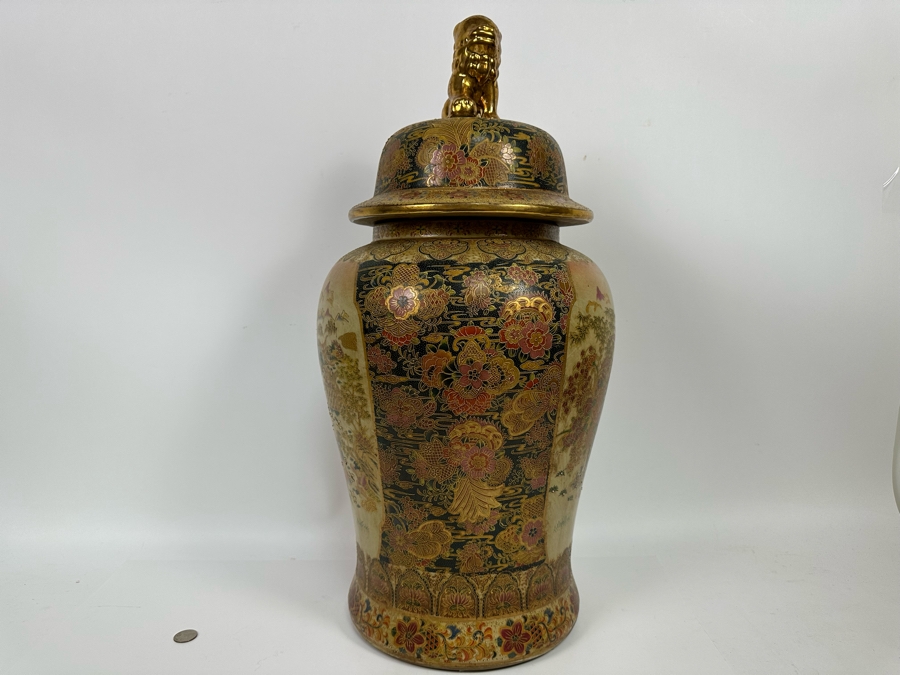 Large Signed Japanese Satsuma Jar With Lid And Gilded Foo Dog Finial 12W X 26H [Photo 12]