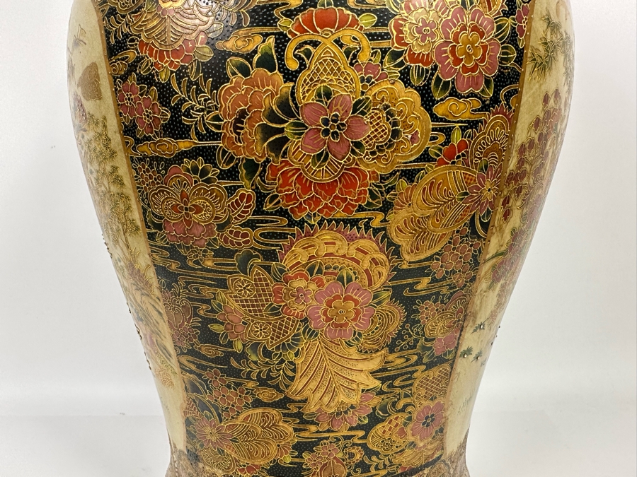 Large Signed Japanese Satsuma Jar With Lid And Gilded Foo Dog Finial 12W X 26H [Photo 14]