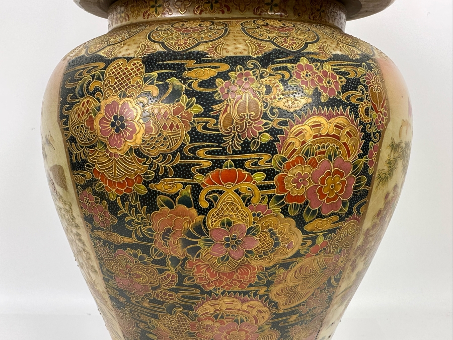 Large Signed Japanese Satsuma Jar With Lid And Gilded Foo Dog Finial 12W X 26H [Photo 13]
