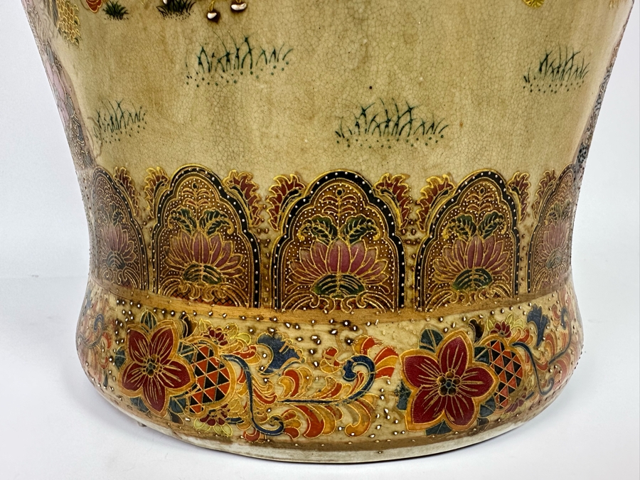 Large Signed Japanese Satsuma Jar With Lid And Gilded Foo Dog Finial 12W X 26H [Photo 9]