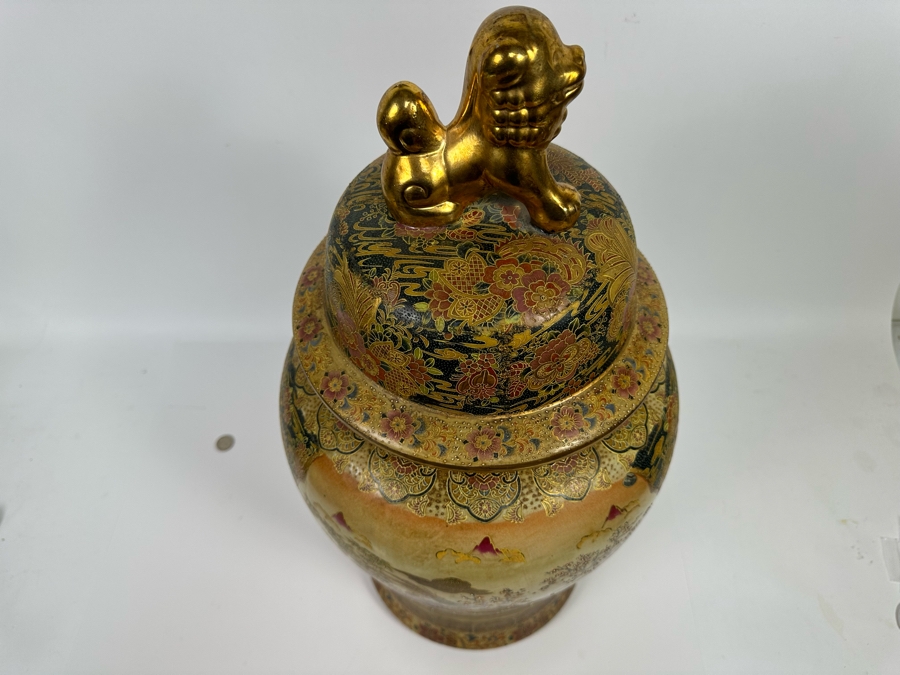 Large Signed Japanese Satsuma Jar With Lid And Gilded Foo Dog Finial 12W X 26H [Photo 23]