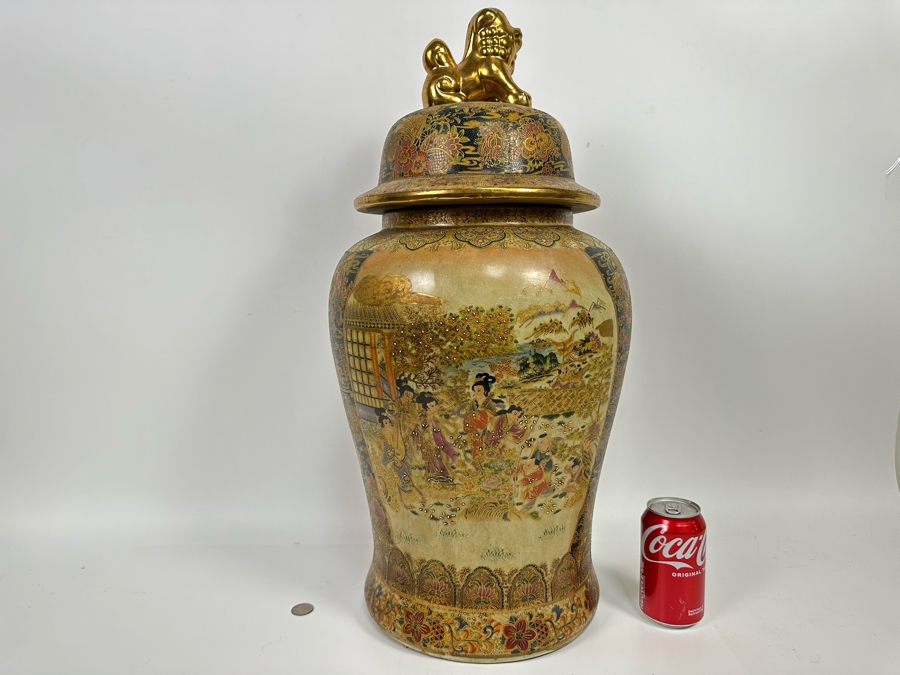 Large Signed Japanese Satsuma Jar With Lid And Gilded Foo Dog Finial ...