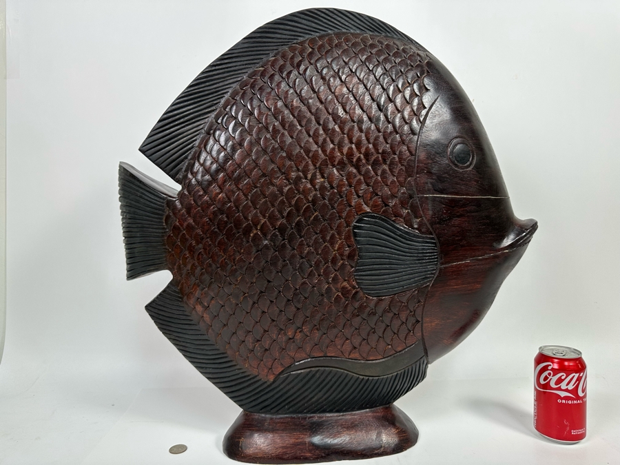 Large Wooden Hand Carved Fish Sculpture Signed MD 24W X 5D X 24H [Photo 7]