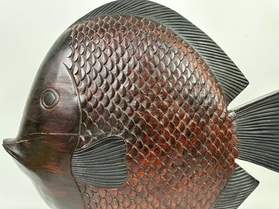 Large Wooden Hand Carved Fish Sculpture Signed MD 24W X 5D X 24H [Photo 4]