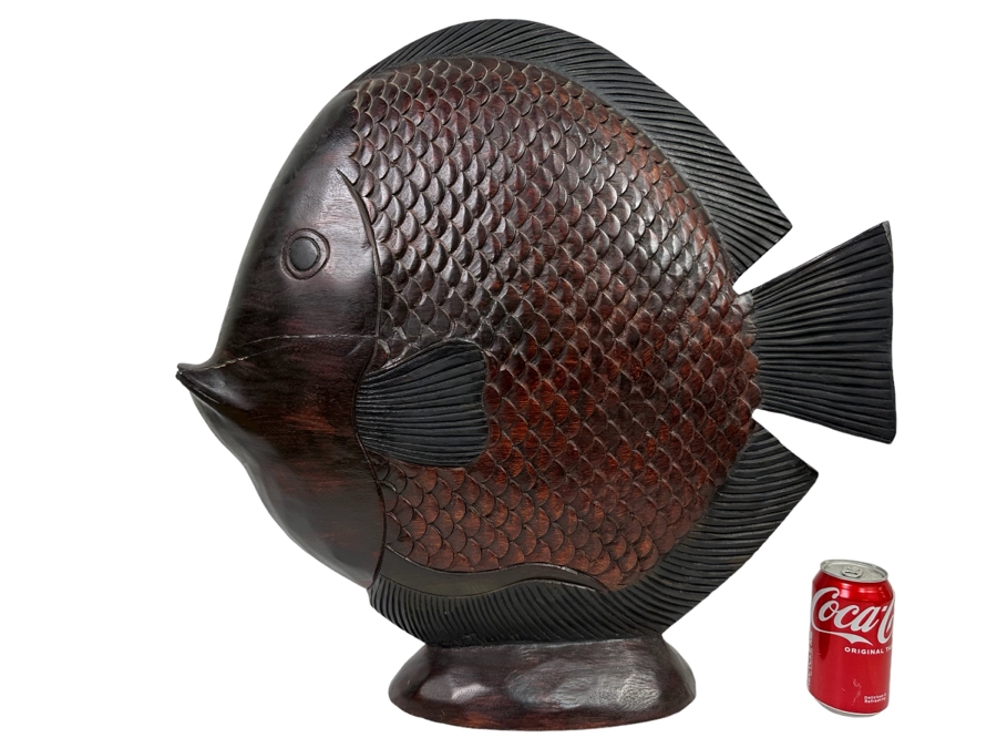 Large Wooden Hand Carved Fish Sculpture Signed MD 24W X 5D X 24H [Photo 1]