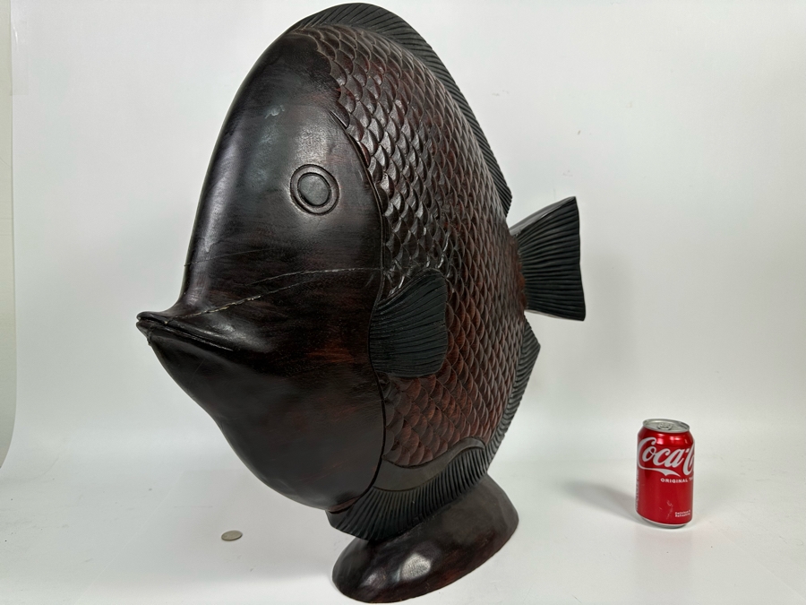 Large Wooden Hand Carved Fish Sculpture Signed MD 24W X 5D X 24H [Photo 6]