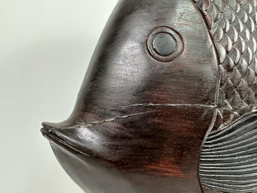 Large Wooden Hand Carved Fish Sculpture Signed MD 24W X 5D X 24H [Photo 5]