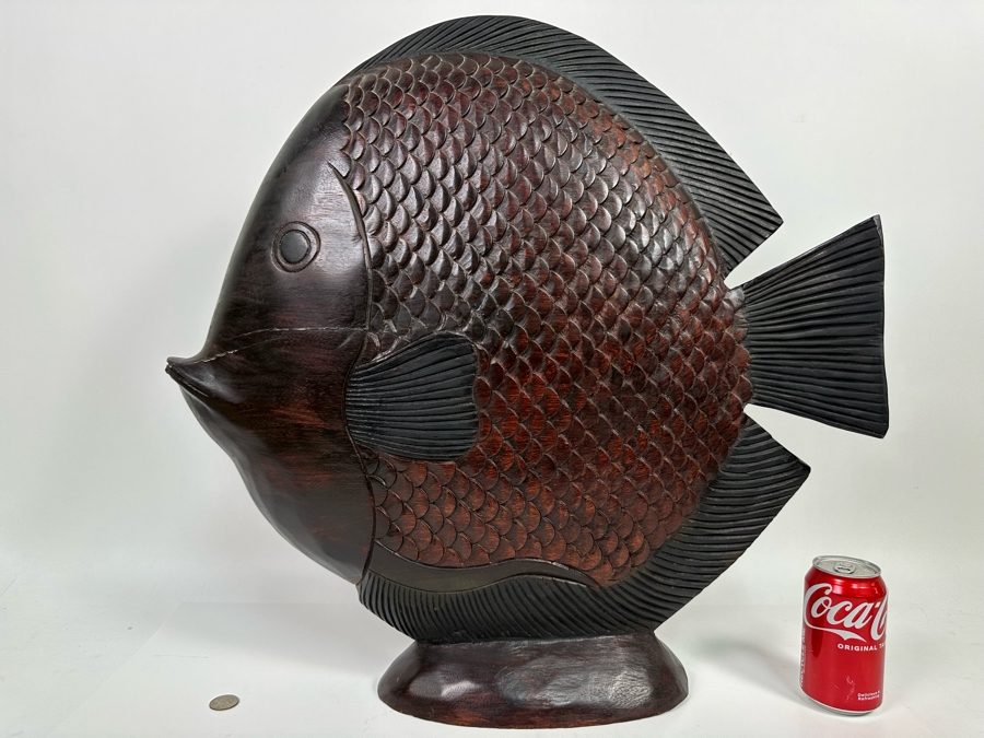 Large Wooden Hand Carved Fish Sculpture Signed MD 24W X 5D X 24H [Photo 3]