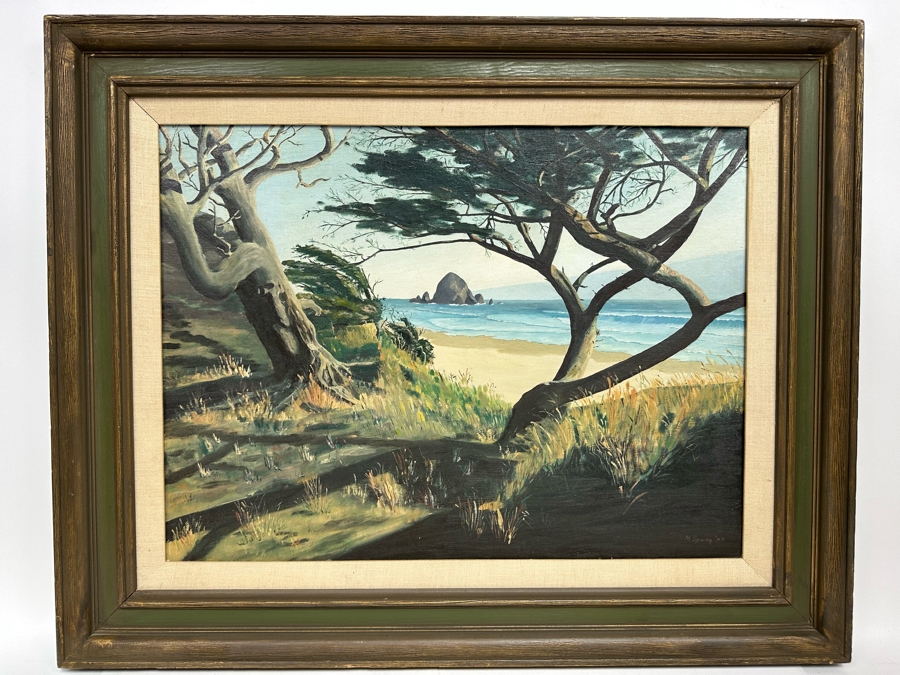 Miriam Spang 1957 Original Seascape Painting Titled Haystack Rock On Board 24 X 18 Framed 31.5 X 25.5 [Photo 3]