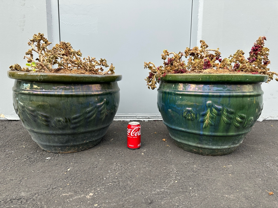 Pair Of Large Glazed Outdoor Flower Pots 20W X 14H [Photo 1]