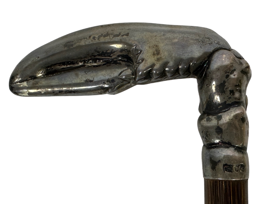 Antique 1905 London England Sterling Silver Lobster Claw Handle Wooden Cane 36L [Photo 3]