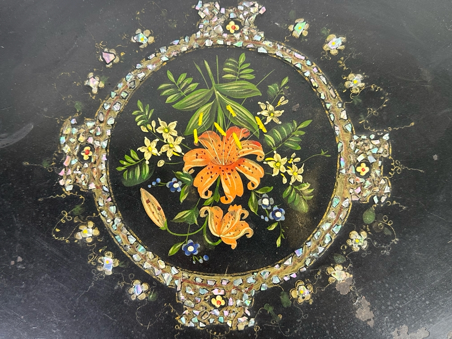 Old Hand Painted Spainish Metal Mother Of Pearl Oval Serving Tray 20 X 16 [Photo 2]