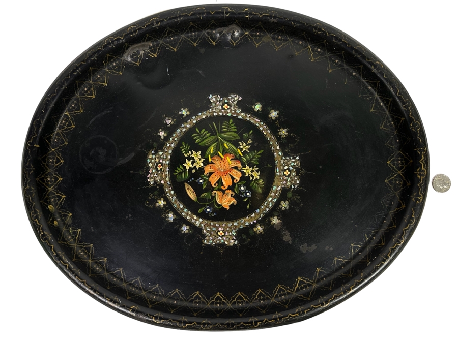 Old Hand Painted Spainish Metal Mother Of Pearl Oval Serving Tray 20 X 16
