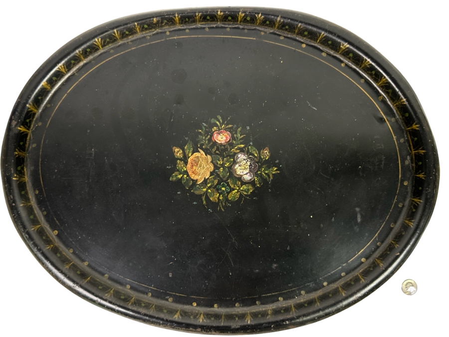 Old Hand Painted Spainish Metal Mother Of Pearl Oval Serving Tray 26 X 19