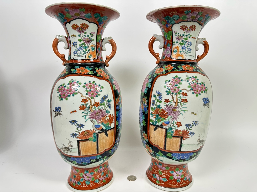 Pair Of Antique Chinese Hand Painted Porcelain Vases (One Has Been Repaired - See Photos) 16H [Photo 3]
