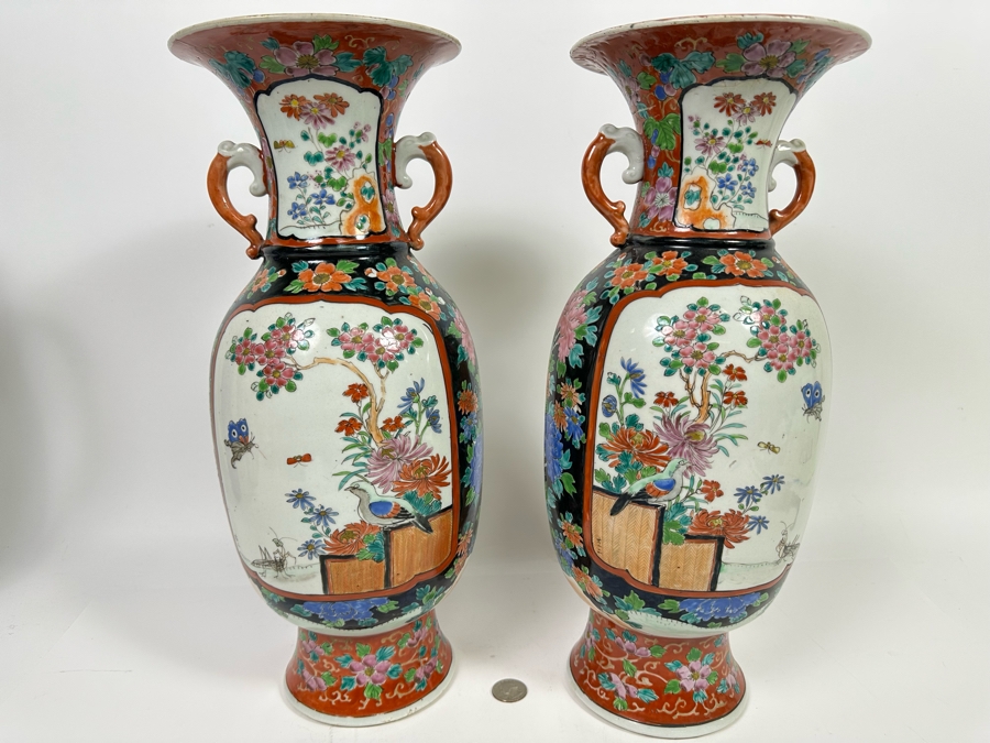 Pair Of Antique Chinese Hand Painted Porcelain Vases (One Has Been Repaired - See Photos) 16H [Photo 15]