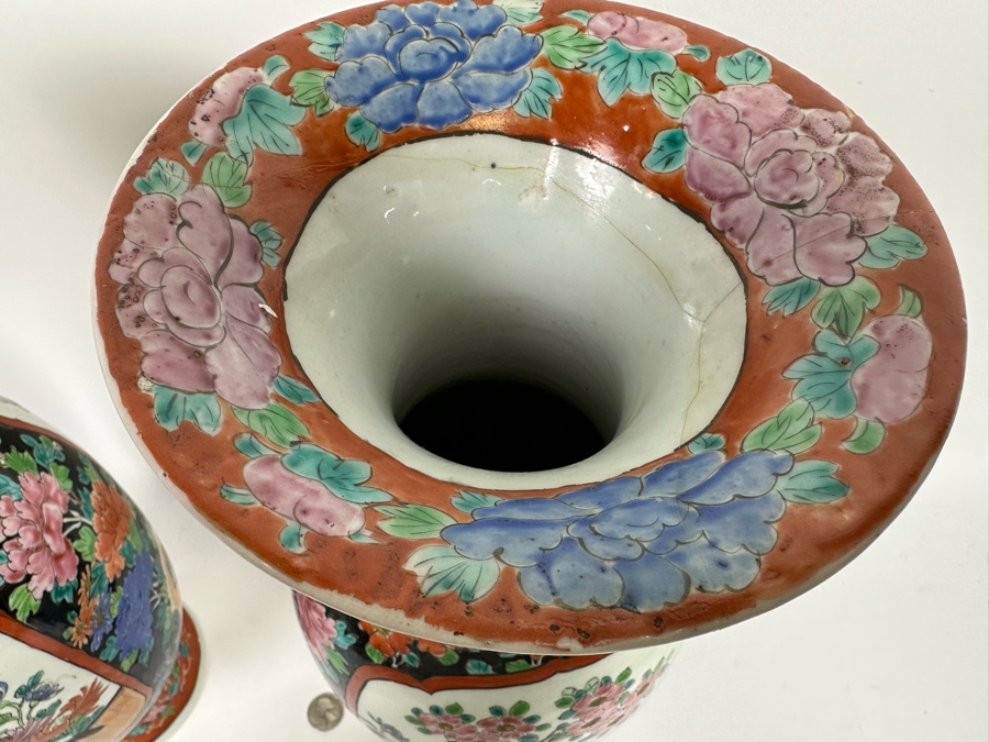 Pair Of Antique Chinese Hand Painted Porcelain Vases (One Has Been Repaired - See Photos) 16H [Photo 18]