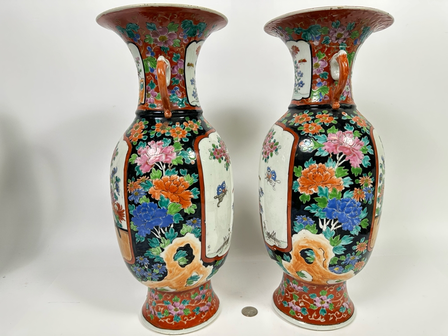Pair Of Antique Chinese Hand Painted Porcelain Vases (One Has Been Repaired - See Photos) 16H [Photo 11]