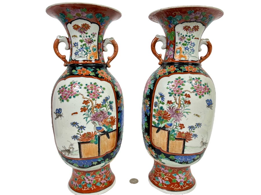 Pair Of Antique Chinese Hand Painted Porcelain Vases (One Has Been Repaired - See Photos) 16H [Photo 2]
