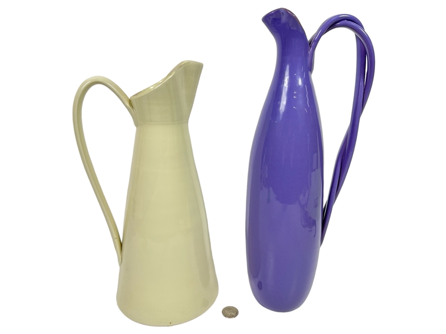 Pair Of Ceramic Pitchers Made In Italy For Vietri 16H And 14H
