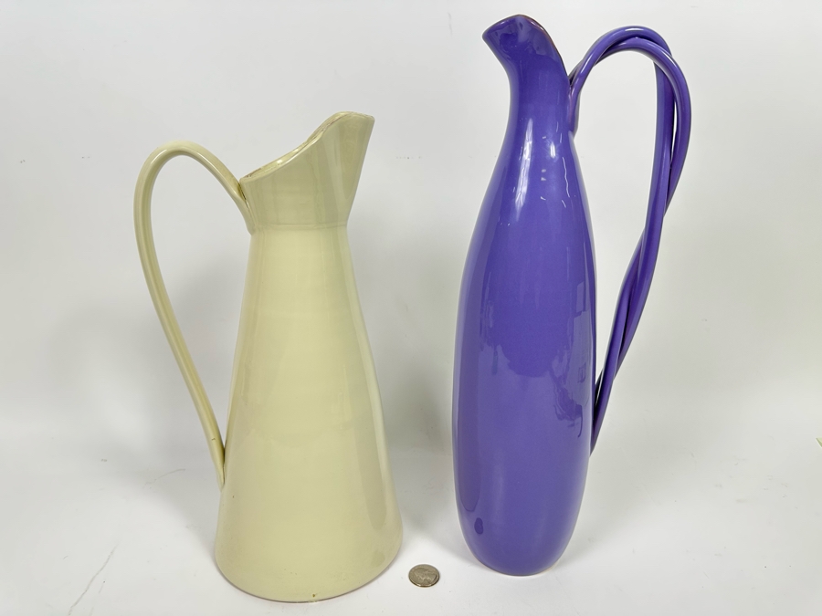 Pair Of Ceramic Pitchers Made In Italy For Vietri 16H And 14H [Photo 3]