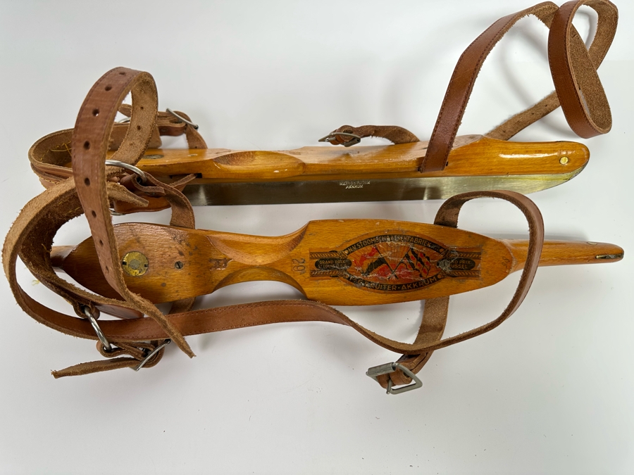 Antique Dutch Wooden StrapOn Ice Skates With Steel Blades N.V. FA G. S