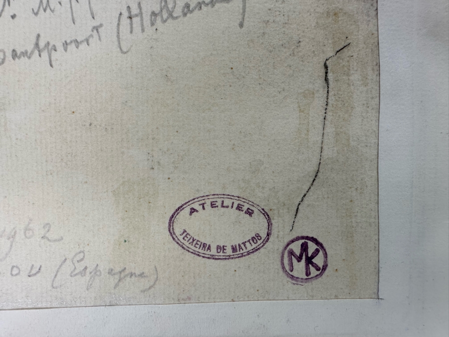 Joseph Teixeira De Mattos (1892-1971, Netherlands) Original Drawing On Paper - Provenance On Back From Wife (M.J.J. Kessler) Of Jean Baptiste August Kessler Who Started The Royal Dutch Petroleum Co Which Is Now Shell Oil Dated 1962 Port Bou 10.5 X 12.5 [Photo 14]