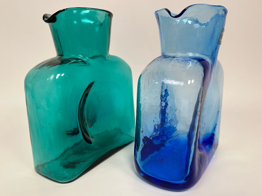 Pair Of Vintage Blenko Glass Double Spout Pitchers Water Jugs Carafe 8H [Photo 7]