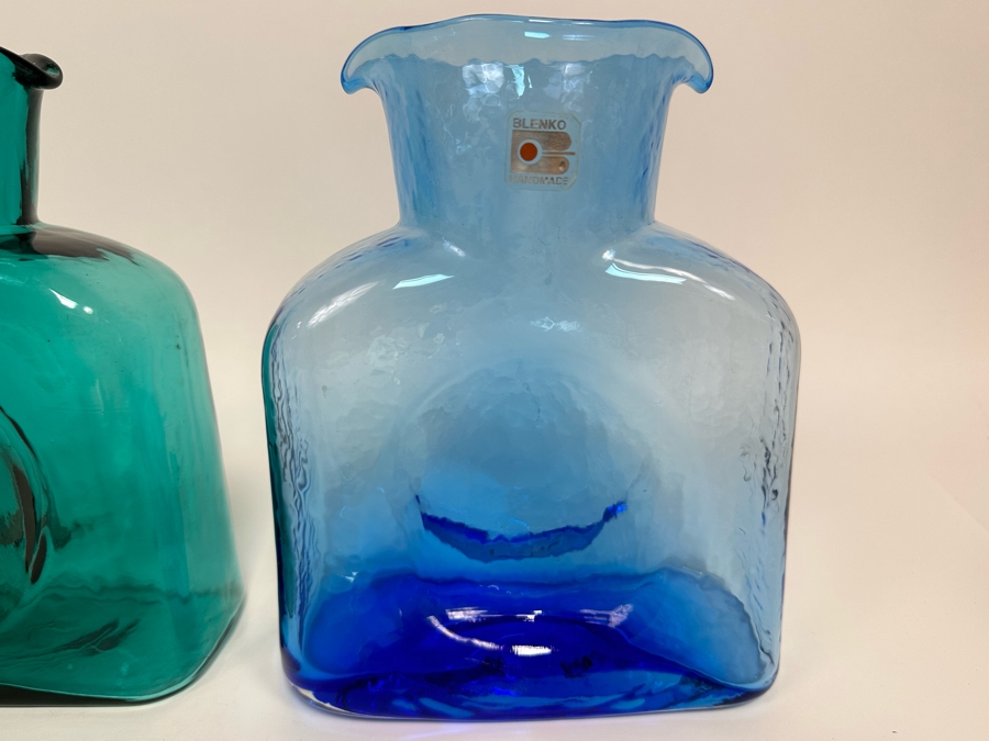 Pair Of Vintage Blenko Glass Double Spout Pitchers Water Jugs Carafe 8H [Photo 4]