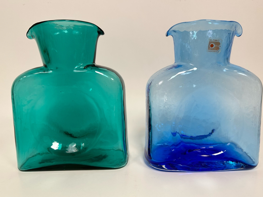 Pair Of Vintage Blenko Glass Double Spout Pitchers Water Jugs Carafe 8H [Photo 3]