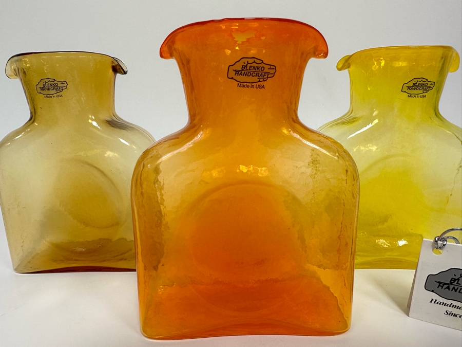 Three Vintage Blenko Glass Double Spout Pitchers Water Jugs Mini Series Carafe 6H [Photo 4]
