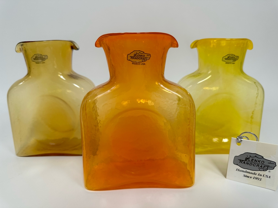 Three Vintage Blenko Glass Double Spout Pitchers Water Jugs Mini Series Carafe 6H [Photo 3]