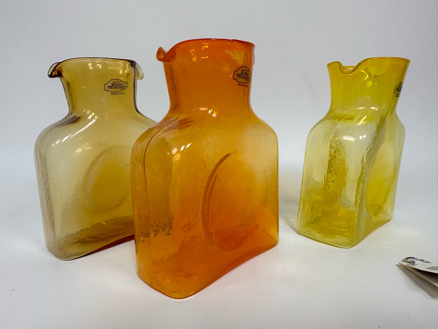 Three Vintage Blenko Glass Double Spout Pitchers Water Jugs Mini Series Carafe 6H [Photo 9]