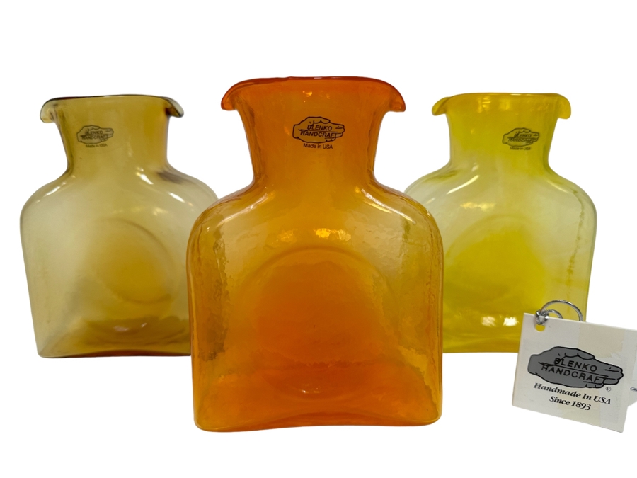 Three Vintage Blenko Glass Double Spout Pitchers Water Jugs Mini Series Carafe 6H