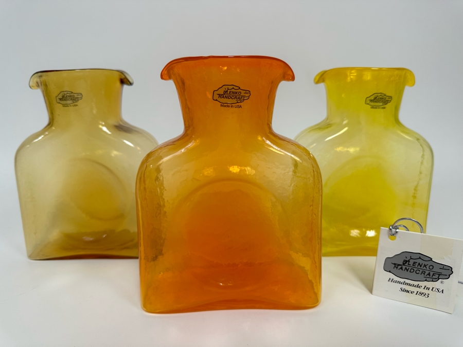 Three Vintage Blenko Glass Double Spout Pitchers Water Jugs Mini Series Carafe 6H [Photo 2]