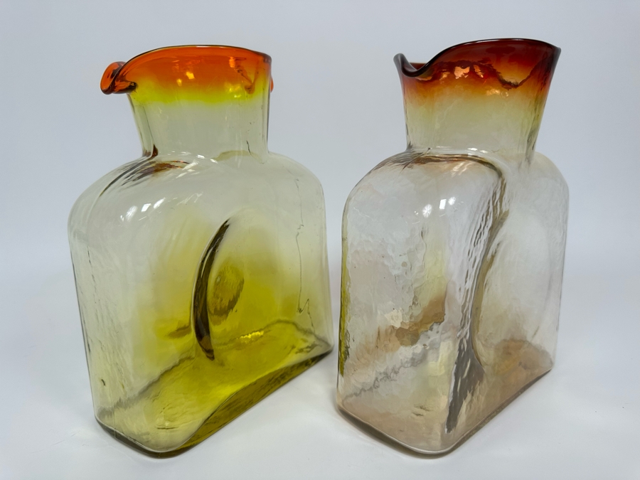 Pair Of Vintage Blenko Glass Double Spout Pitchers Water Jugs Carafe 8H [Photo 6]