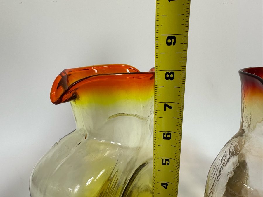 Pair Of Vintage Blenko Glass Double Spout Pitchers Water Jugs Carafe 8H [Photo 7]