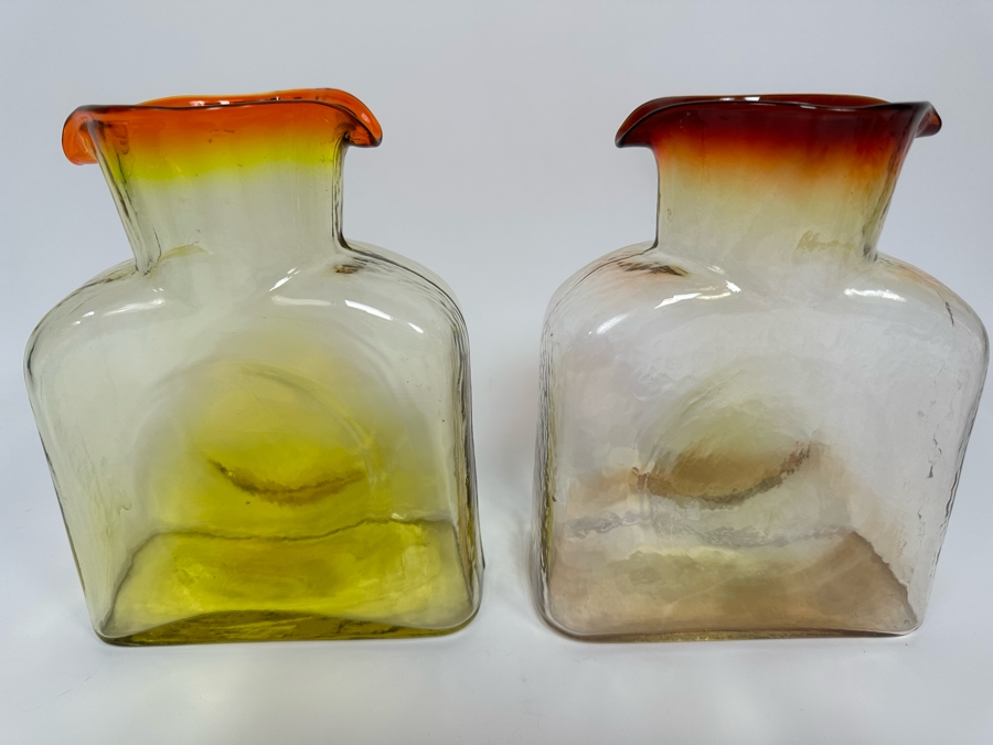 Pair Of Vintage Blenko Glass Double Spout Pitchers Water Jugs Carafe H