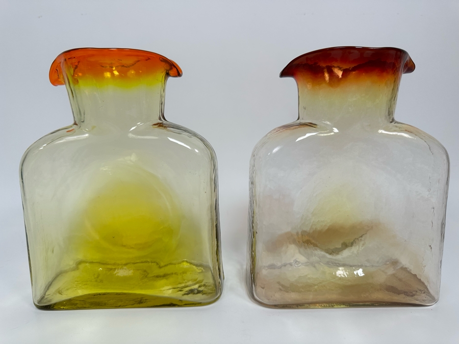 Pair Of Vintage Blenko Glass Double Spout Pitchers Water Jugs Carafe 8H [Photo 2]
