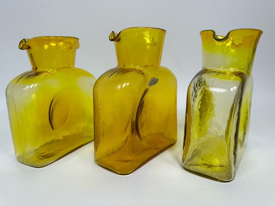 Three Vintage Blenko Glass Double Spout Pitchers Water Jugs Carafe 8H [Photo 9]