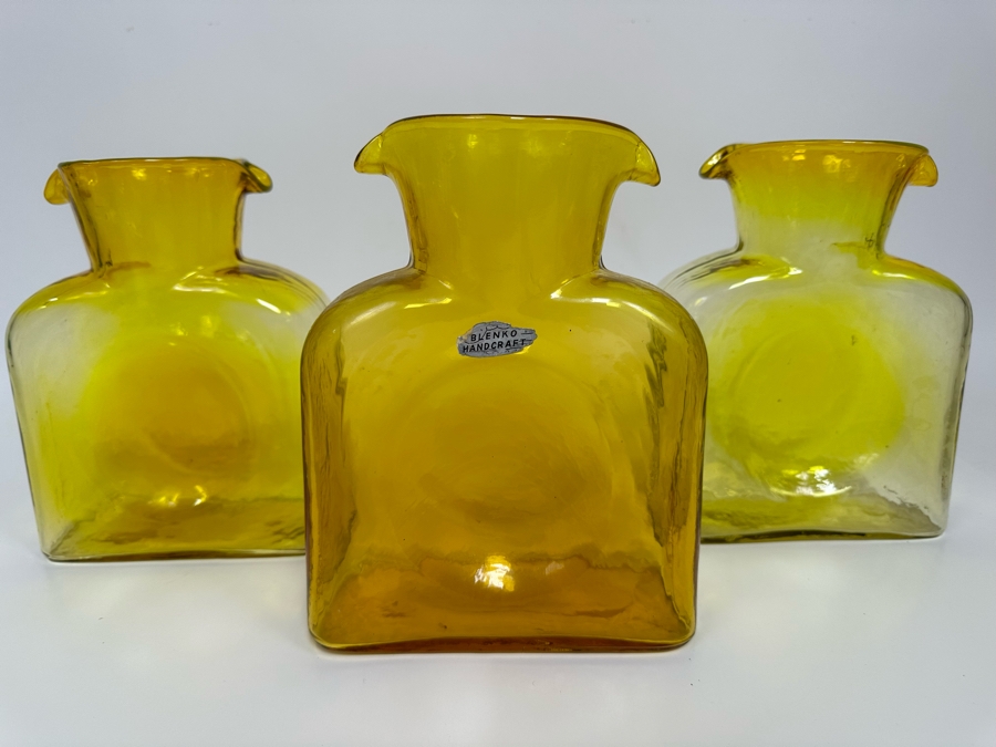 Three Vintage Blenko Glass Double Spout Pitchers Water Jugs Carafe 8H [Photo 4]