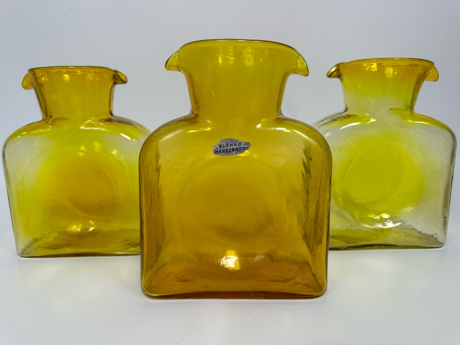 Three Vintage Blenko Glass Double Spout Pitchers Water Jugs Carafe 8H [Photo 3]