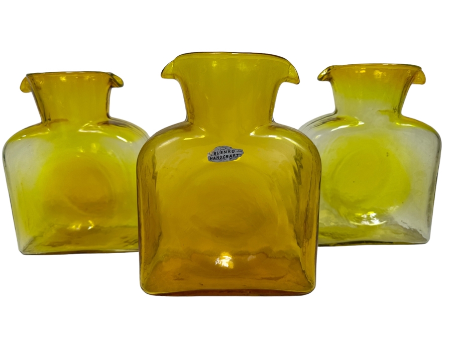 Three Vintage Blenko Glass Double Spout Pitchers Water Jugs Carafe 8H