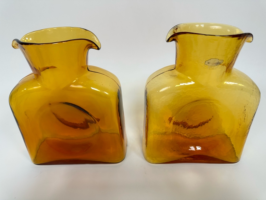 Pair Of Vintage Blenko Glass Double Spout Pitchers Water Jugs Carafe 8H [Photo 3]