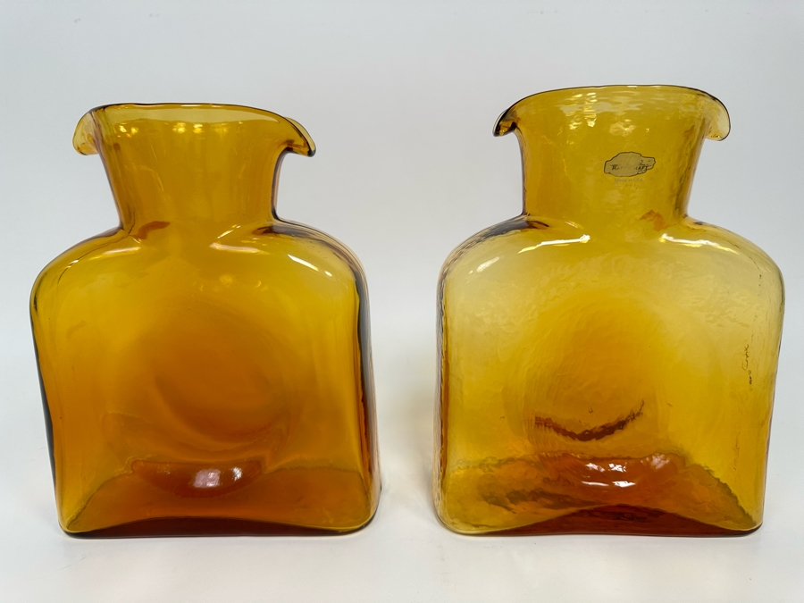 Pair Of Vintage Blenko Glass Double Spout Pitchers Water Jugs Carafe 8H [Photo 2]