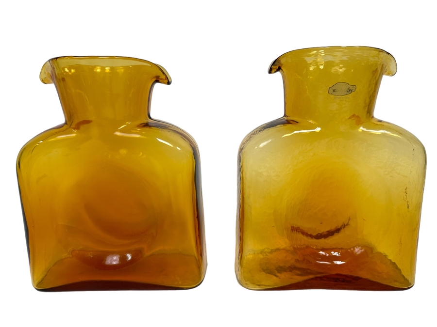 Pair Of Vintage Blenko Glass Double Spout Pitchers Water Jugs Carafe 8H [Photo 1]