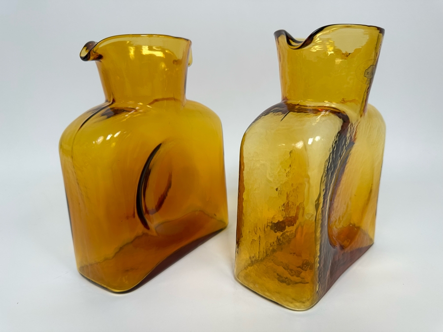 Pair Of Vintage Blenko Glass Double Spout Pitchers Water Jugs Carafe 8H [Photo 7]
